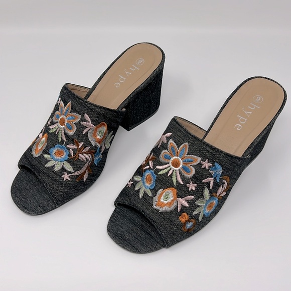 Hype Embroidered Open Toe Block Heel Denim Slip-on Mules Sz. 9 - Picture 11 of 13